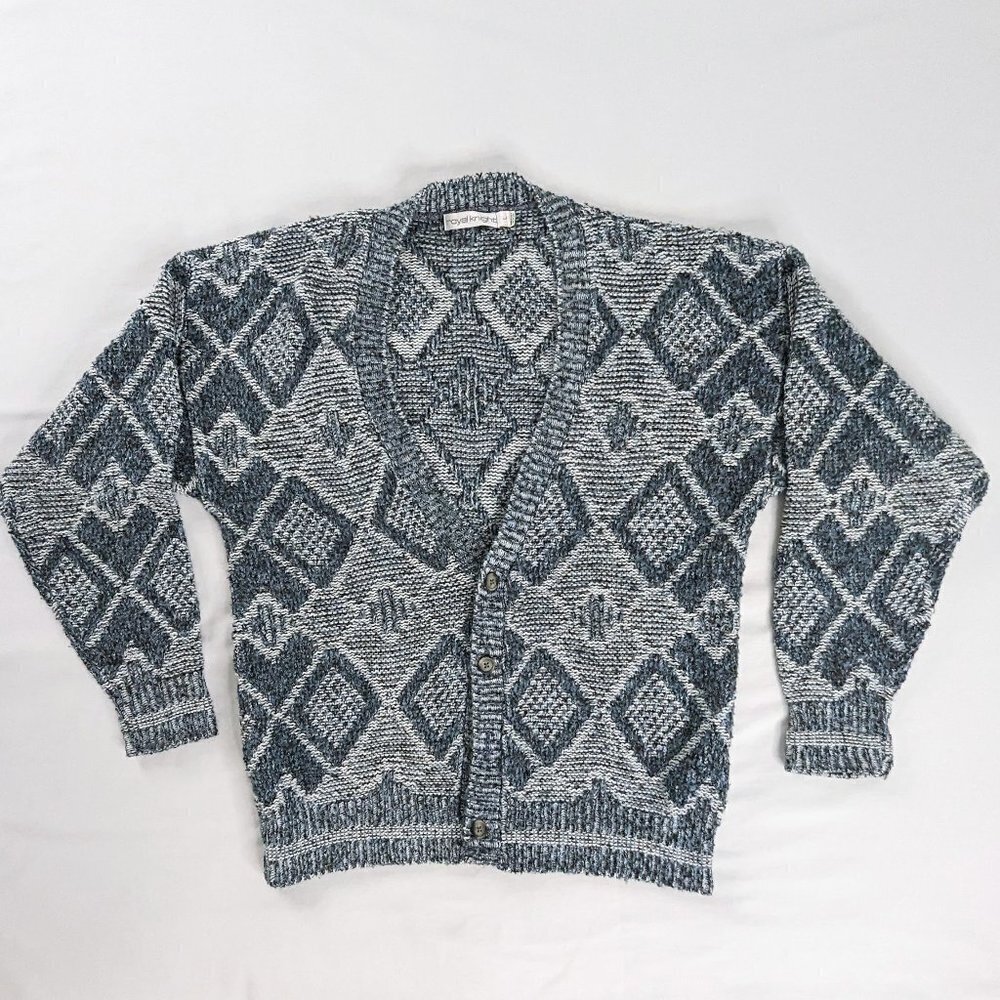 VTG Blue Gray Geometric Diamond Chunky Knit Button Front Grandpa Cardigan Wool